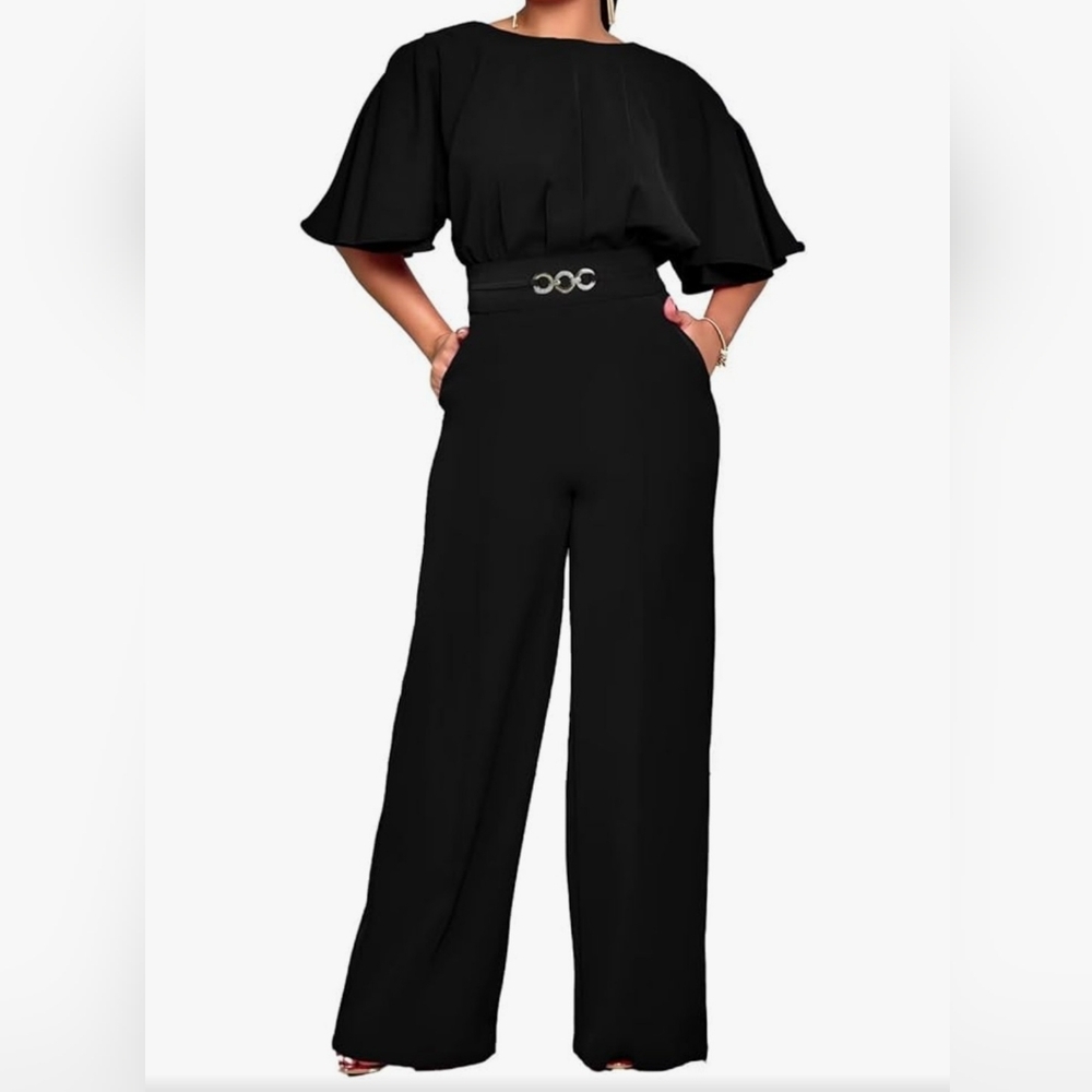 Chic Black Wide-Leg Jumpsuit Perfect For Formal & Holiday Events Size Med - Picture 2 of 5